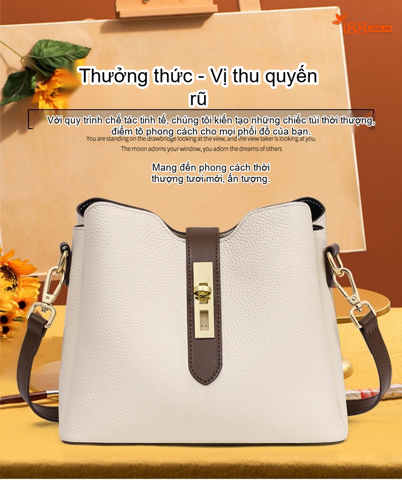 Túi Xách Tay Nữ Da Thật Dáng Bucket Đeo Chéo Màu Đen, Nâu chi tiết 1