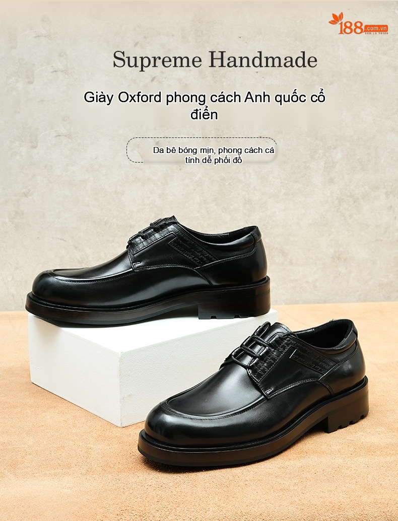 Giày Tây Buộc Dây Nam Da Bò Chiều Cao Đế Khoảng 4cm Màu Đen, Nâu chi tiết 1