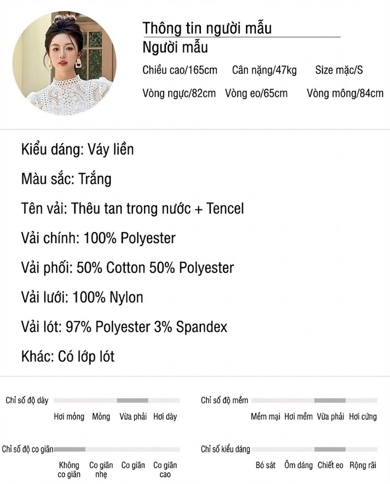 Đầm Xòe Nữ Tay Ngắn Cổ Cao Phối Ren Eo A Dáng Dài Màu Trắng chi tiết 2