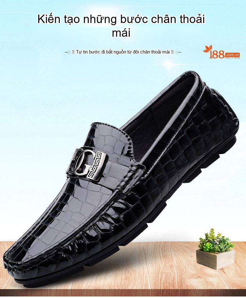 Giày Lười Nam Da Bóng Họa Tiết Chiều Cao Đế Khoảng 2cm Màu Đen, Nâu, Xanh Lá chi tiết 1