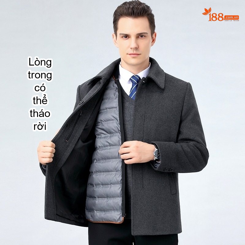 Áo Khoác Nam Lông Cừu Cao Cấp Dáng Công Sở Có Lớp Lót Giữ Ấm Màu Xám, Đen