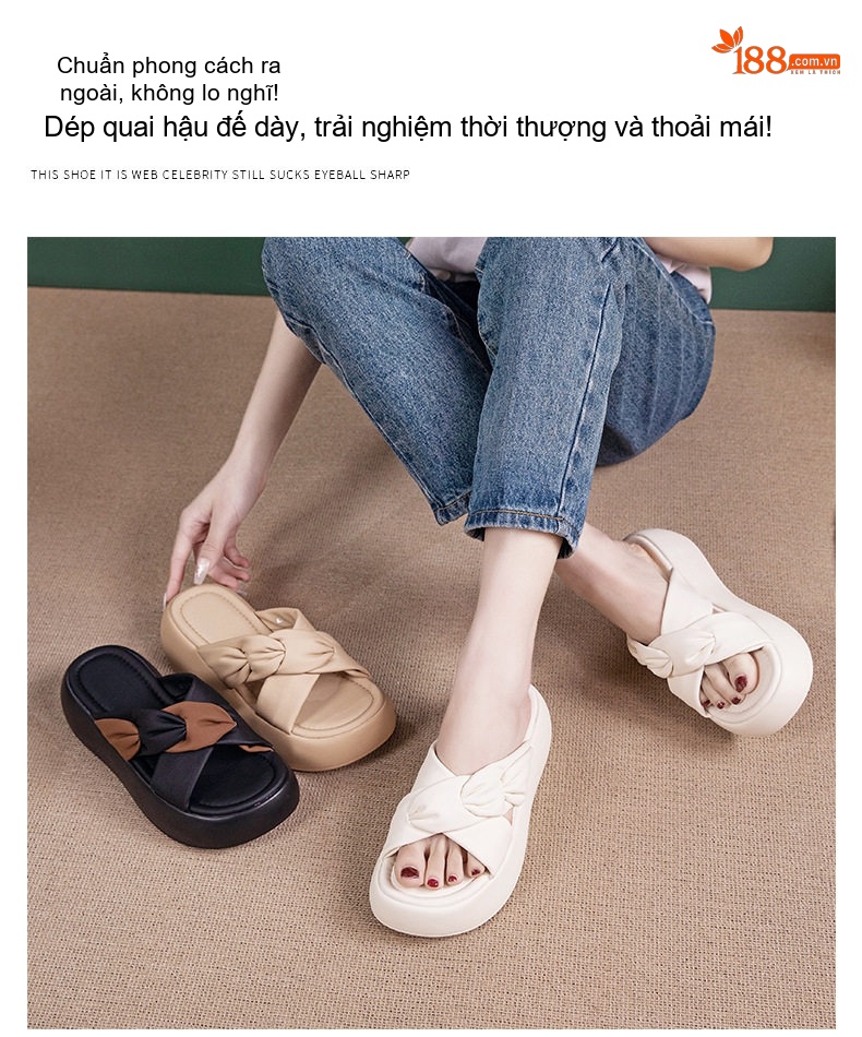Dép Quai Ngang Nữ Đế Bằng Phối Màu Chiều Cao Đế Khoảng 4cm Màu Kem, Đen, Nâu chi tiết 3