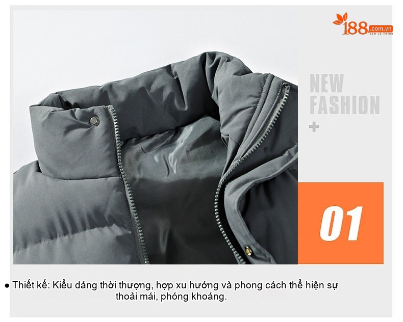 Áo Gilet Phao Nam Nữ Mùa Đông Dáng Rộng Cổ Trụ Túi Hộp Màu Đen, Trắng, Xám chi tiết 7