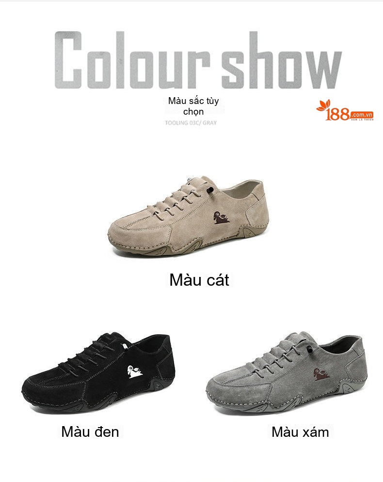 Giày Casual Nam Da Mờ Thấp Cổ Buộc Dây Chiều Cao Đế Khoảng 3cm Màu Be, Xám, Đen chi tiết 3