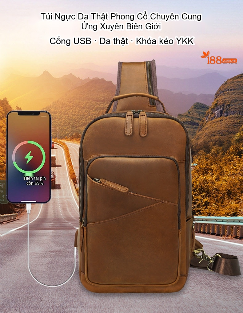 Túi đeo chéo ngực nam da bò đựng iPad 11 inch phong cách thể thao ngoài trời chi tiết 1