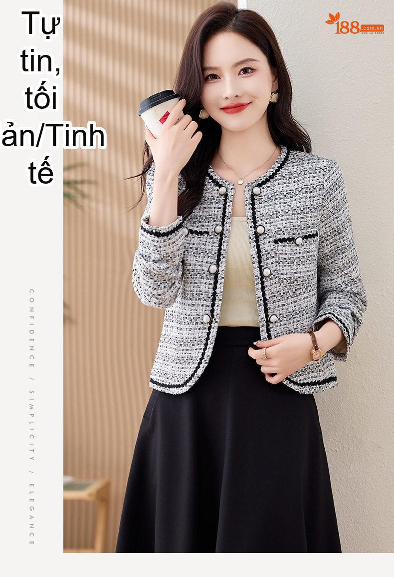 Áo Khoác Tiểu Thư Nữ Dáng Ngắn Rộng Tay Dài Phong Cách Thanh Lịch Màu Trắng Xám chi tiết 12