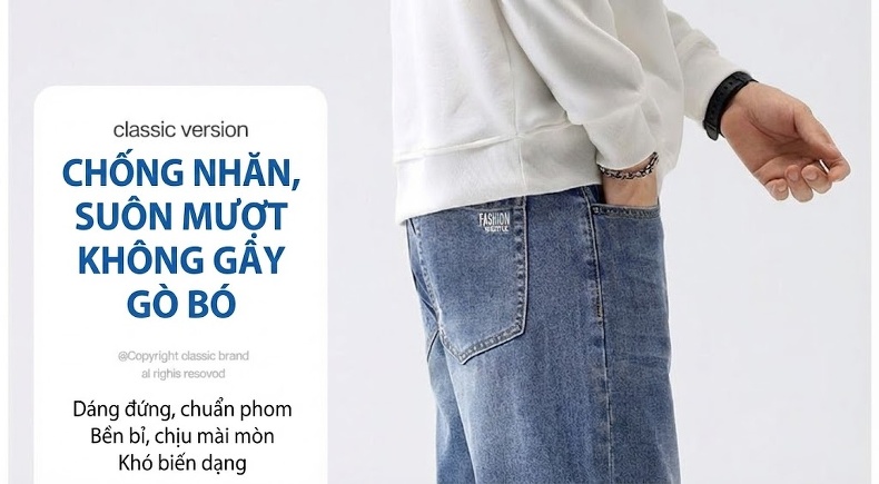 Quần Jean Ống Rộng Nam Dáng Suông Phong Cách Retro Màu Xanh Dương, Đen chi tiết 8
