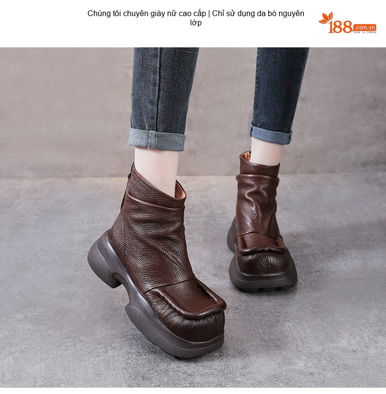 Boot Nữ Da Bò Cổ Ngắn Đế Bánh Mì Chiều Cao Đế Khoảng 5cm Khoá Kéo Sau Màu Đen, Nâu chi tiết 2