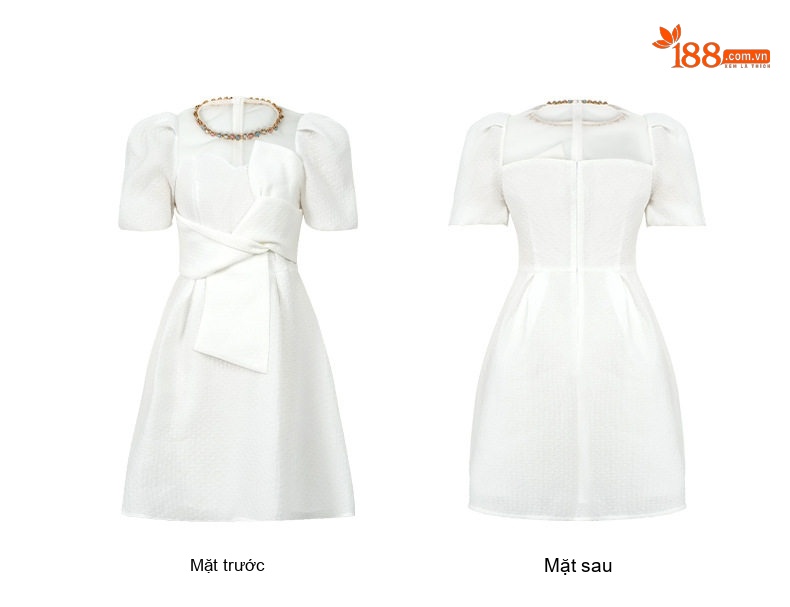 Váy Chữ A Chiết Eo Tay Bồng Cổ Tròn Phong Cách Pháp Màu Trắng, Xanh, Vàng chi tiết 12