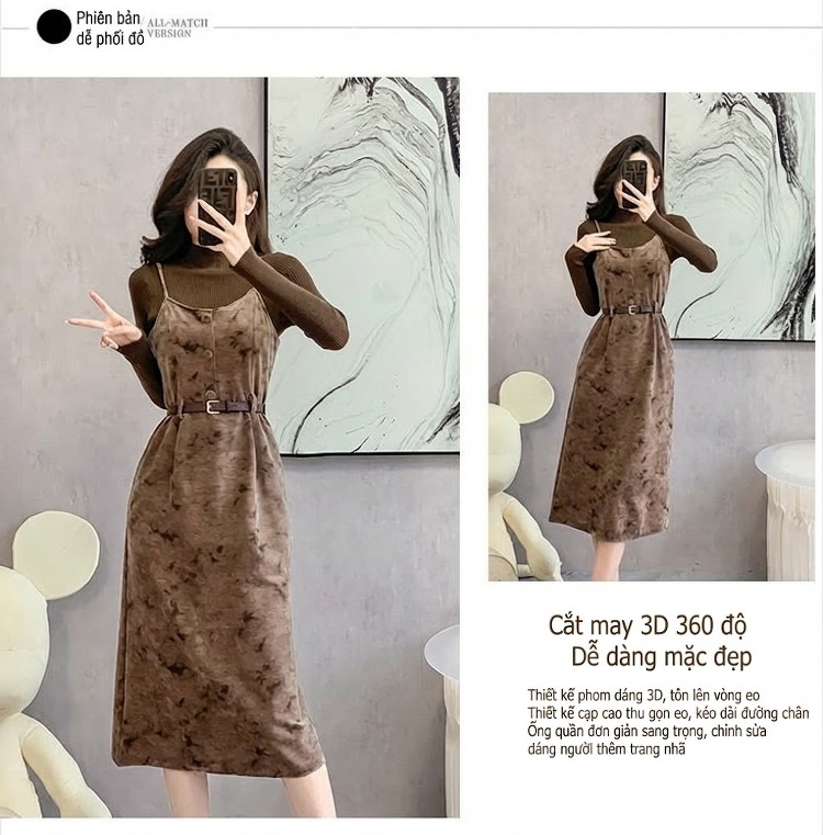 Set Áo Dệt Kim Cổ Lọ Tay Dài Và Váy Hai Dây Nữ Phong Cách Pháp Màu Nâu, Xám chi tiết 3