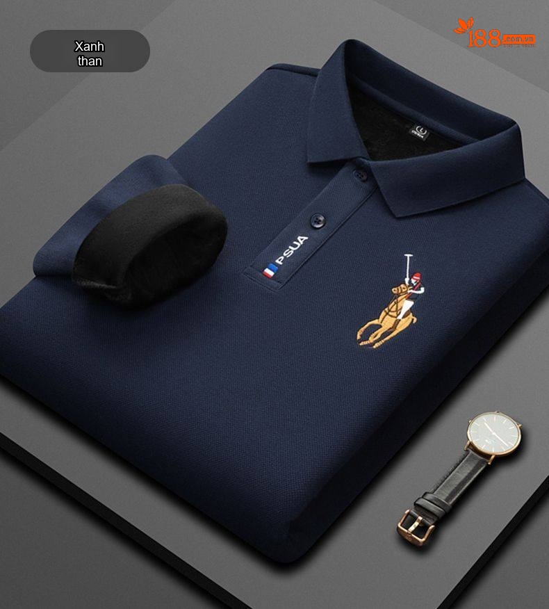 Áo Polo Nam Tay Dài Cotton Lót Lông Cừu Màu Xanh Dương, Xanh Navy, Kem, Xanh Lá chi tiết 12