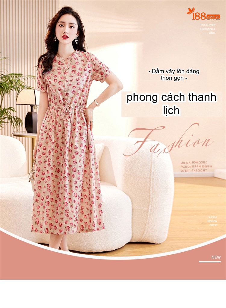 Váy Đầm Nữ Tiểu Thư Cổ chữ V Tay Ngắn Họa Tiết Hoa Nhỏ Thanh Lịch chi tiết 1