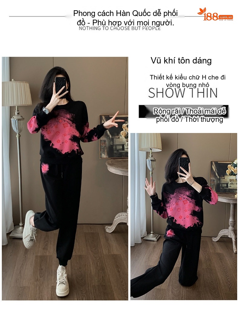 Set Bộ Nỉ Thu Đông Nữ Áo Tay Dài Quần Dài Thể Thao Phong Cách Thời Trang Màu Đen, Hồng chi tiết 2