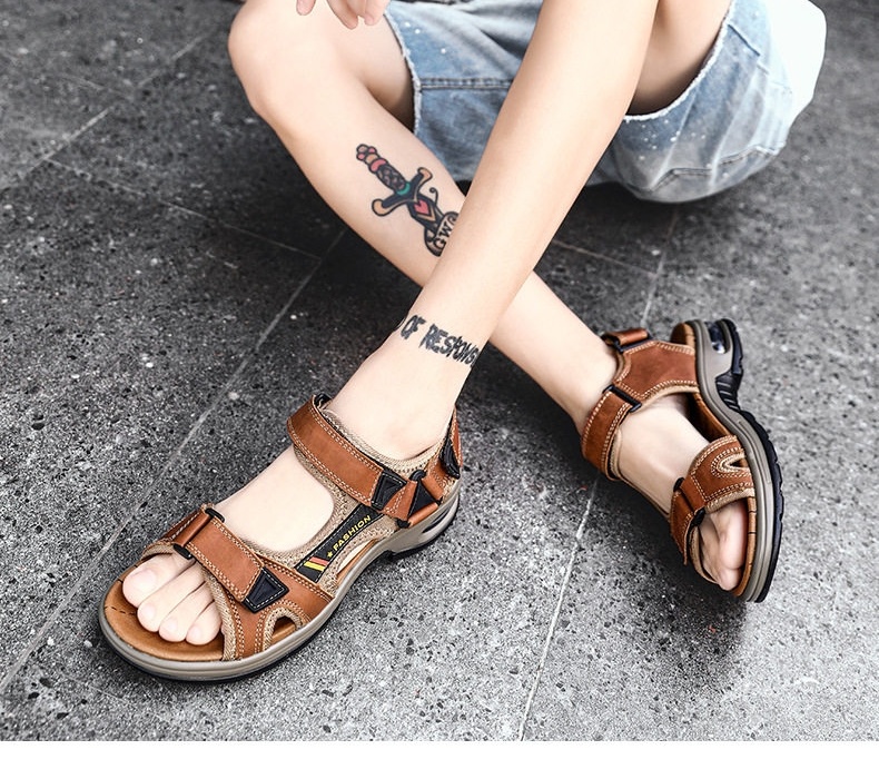 Dép Sandal Nam Da Thật Hở Ngón Thoáng Khí Chiều Cao Đế Khoảng 4cm Màu Nâu, Đen chi tiết 2