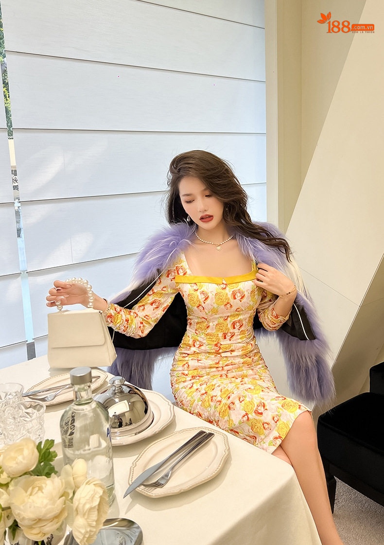Váy Liền Thân Nữ In Hoa Hồng Dáng Ôm Che Bụng Tay Dài Phong Cách Tiểu Thư chi tiết 9
