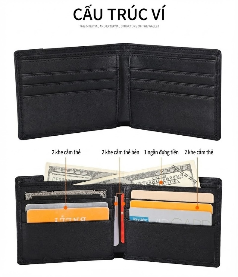 Ví Ngắn Nam TIDING Phong Cách Doanh Nhân Thiết Kế Đơn Giản Vải Sợi Carbon Màu Đen chi tiết 3