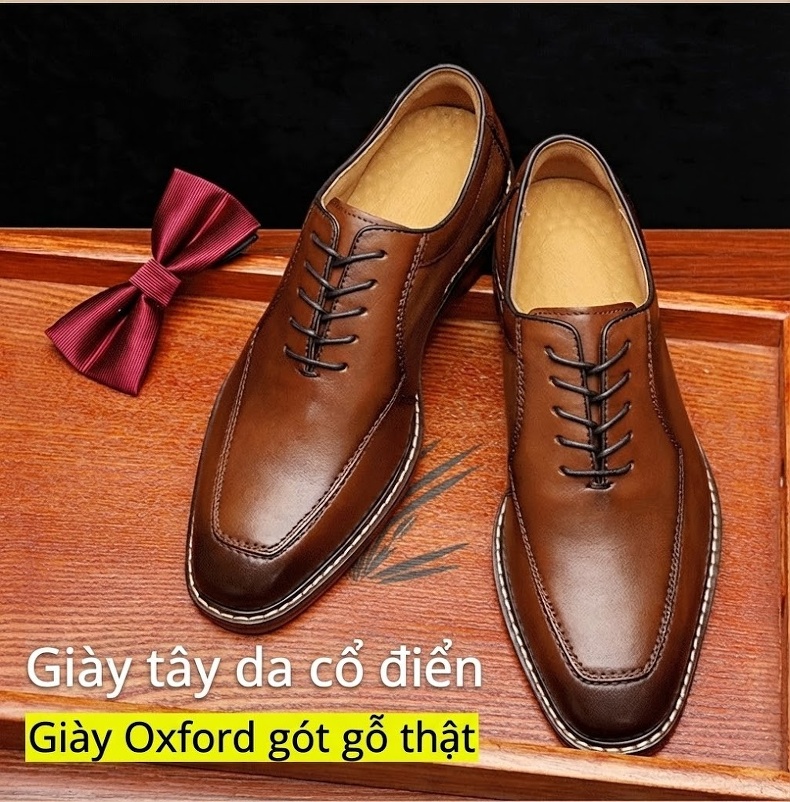 Giày Tây Buộc Dây Nam Da Bò Thật Thủ Công Chiều Cao Đế Khoảng 3cm Màu Nâu chi tiết 1
