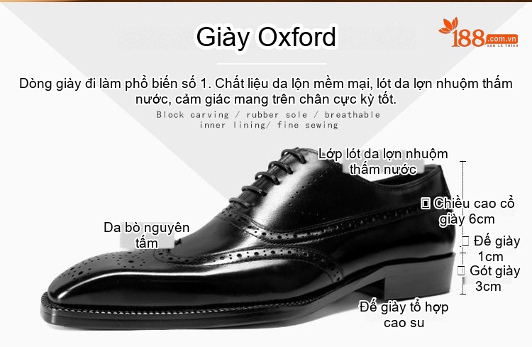 Giày Tây Buộc Dây Nam Da Bò Brogue Chiều Cao Đế Khoảng 3cm Màu Đen, Nâu chi tiết 2