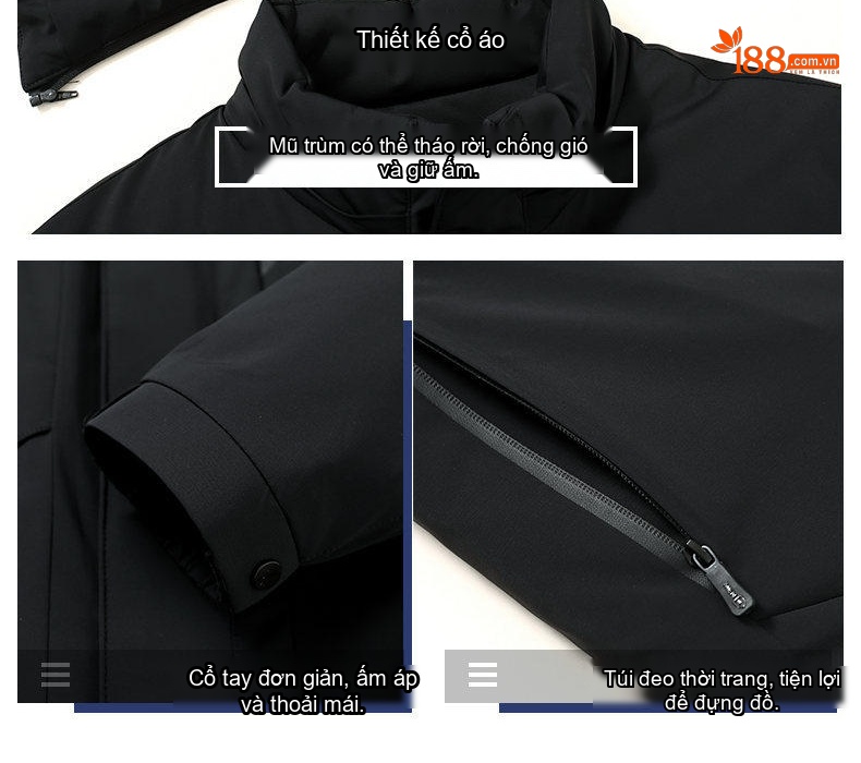 Áo Khoác Phao Nam Lót Lông Vũ Dày Dặn Giữ Ấm Thiết Kế 3 Trong 1 Màu Đen chi tiết 11