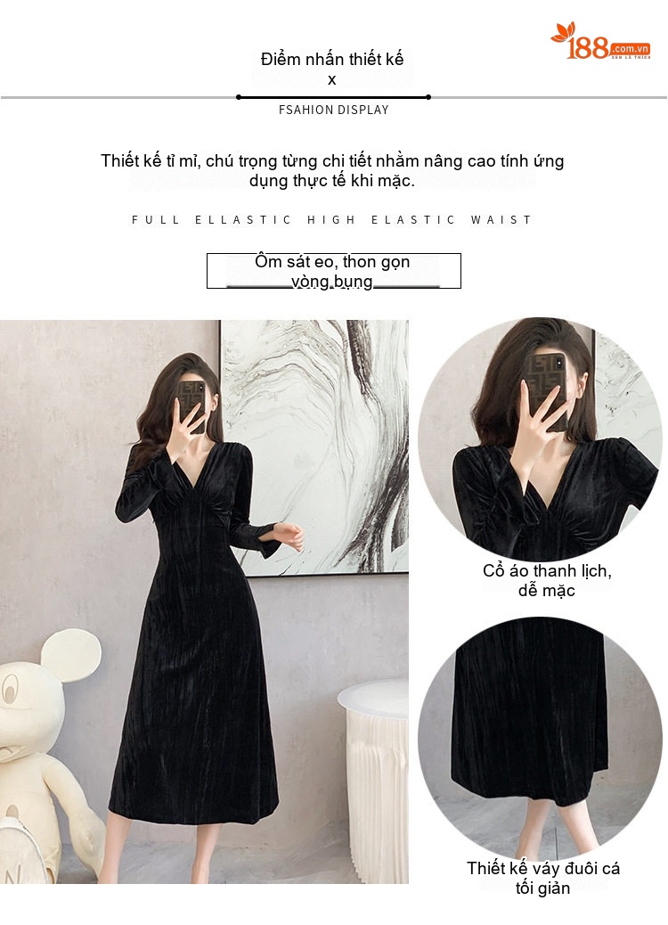 Váy Dài Tay Nữ Chất Nhung Gân Cổ chữ V Thu Eo dáng chữ A Thanh Lịch Màu Đen chi tiết 2