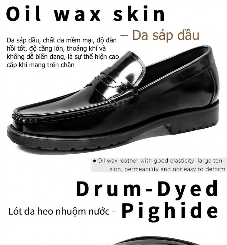 Giày Lười Nam Da Bò Bề Mặt Mịn Chiều Cao Đế Khoảng 3cm Màu Đen chi tiết 4