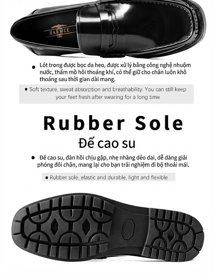 Giày Lười Nam Da Bò Bề Mặt Mịn Chiều Cao Đế Khoảng 3cm Màu Đen chi tiết 5