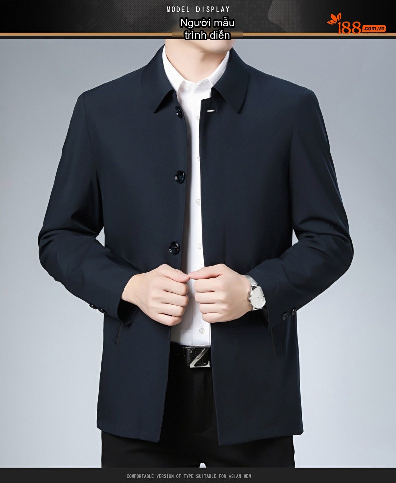Áo Khoác Jacket Nam Cổ Bẻ Màu Trơn Dáng Vừa Vặn Màu Xanh Navy, Nâu chi tiết 2