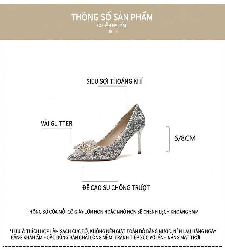Giày Cao Gót Nữ Mũi Nhọn Kim Tuyến Chiều Cao Đế 8cm Màu Vàng Gold chi tiết 4