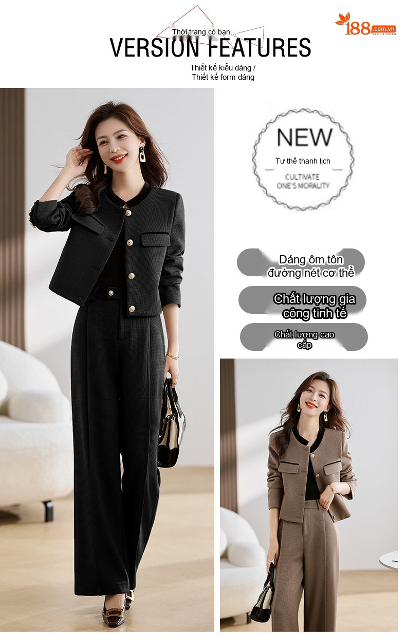 Bộ Vest Nữ Quần Ống Rộng Công Sở Thanh Lịch Màu Đen, Xanh Rêu, Nâu chi tiết 3