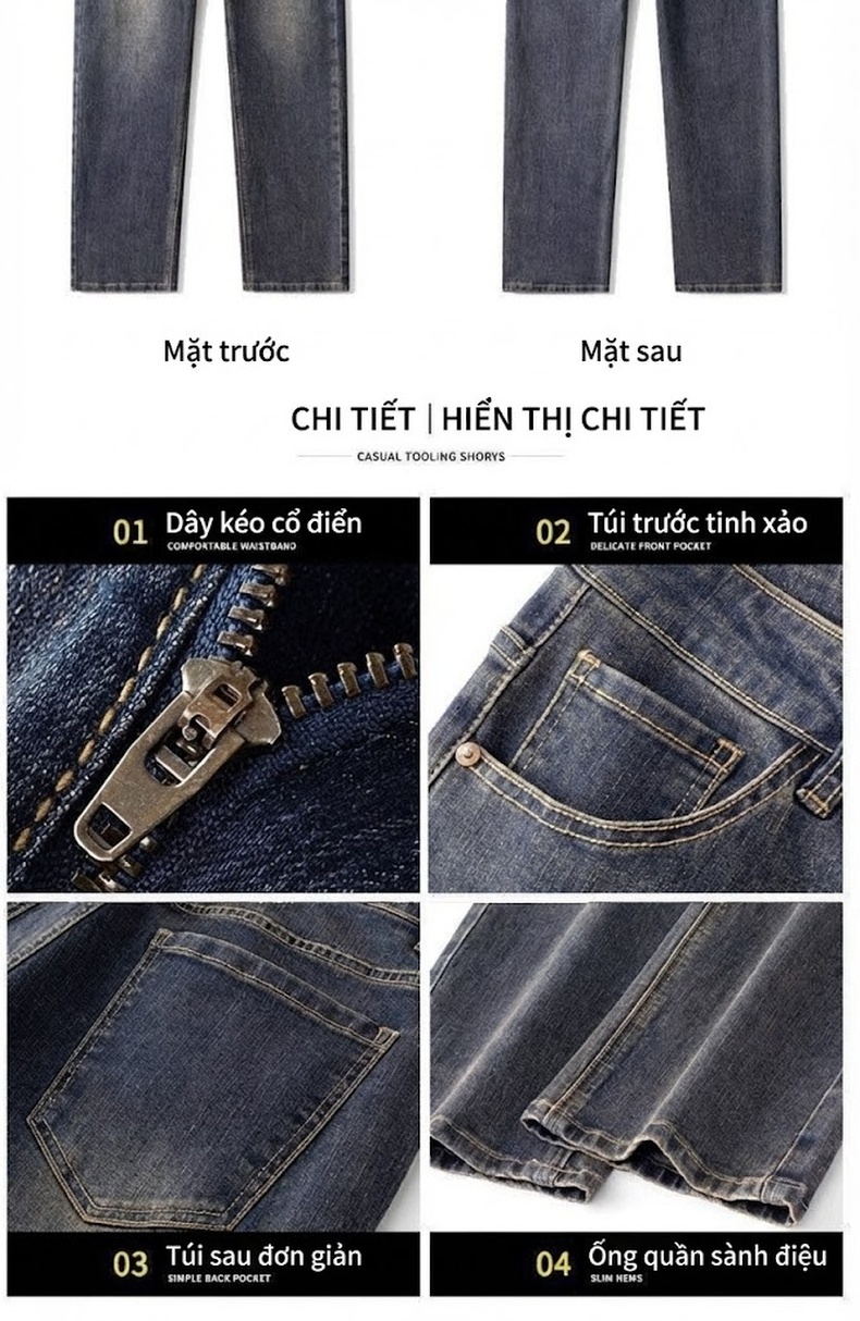 Quần Jean Nam Ống Suông Rộng Co Giãn Phong Cách Retro Màu Xanh Denim chi tiết 11