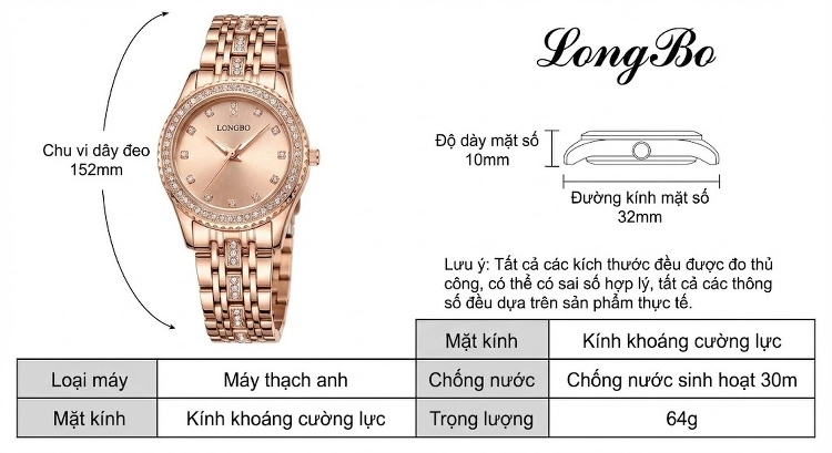 Đồng Hồ Nữ Longbo Dây Kim Loại Đính Đá Chống Nước Màu Vàng Hồng chi tiết 8