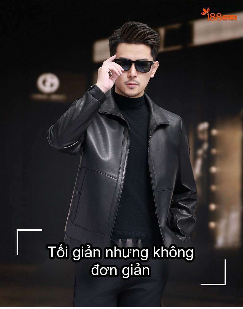 Áo Khoác Da Thật Nam Siêu Mỏng Da Cừu Thuần Áo Khoác Ngắn Cổ Đứng Phong Cách Biker Màu Đen chi tiết 1