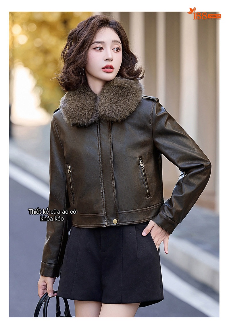 Áo Khoác Da PU Nữ Cổ Lông Dày Dặn Kiểu Bomber Màu Nâu, Trắng chi tiết 11