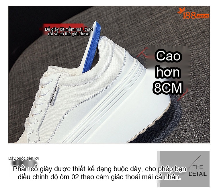 Giày Sneaker Nữ Vải Dệt Đế Dày Chiều Cao Đế Khoảng 8cm Màu Hồng, Trắng, Xám chi tiết 8