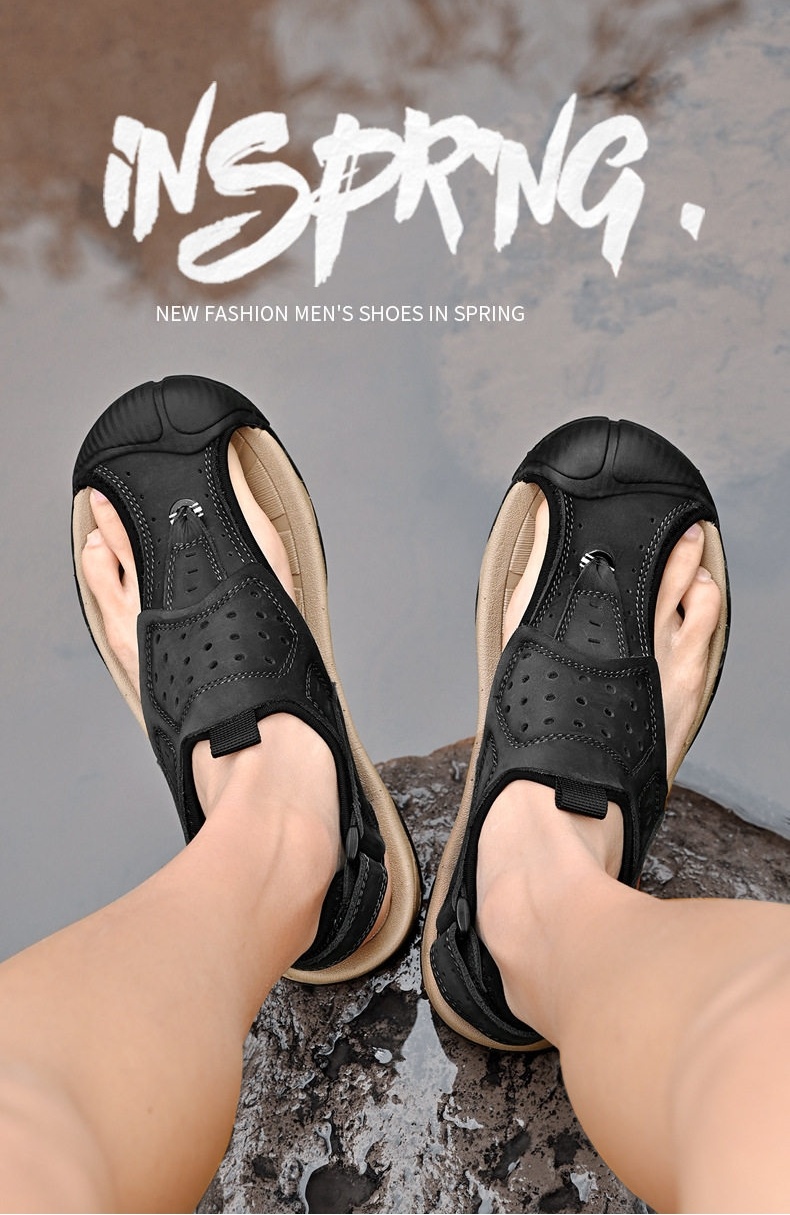 Dép Sandal Nam Da Thật Bít Mũi Thoáng Khí Chiều Cao Đế Khoảng 3cm Màu Nâu, Xám, Đen chi tiết 4