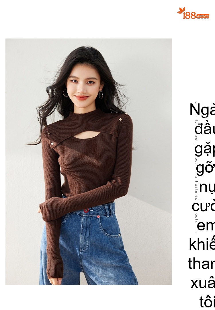 Áo Dệt Kim Nữ Cổ Lọ Hở Ngực Thiết Kế Độc Đáo Màu Nâu Cafe chi tiết 9