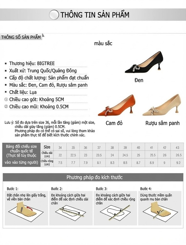 Giày Búp Bê Nữ Mũi Nhọn Gót Ly Đính Nơ Đá Chiều Cao Đế 5cm Chất Liệu Lụa Satin Màu Cam, Đen, Kem chi tiết 1