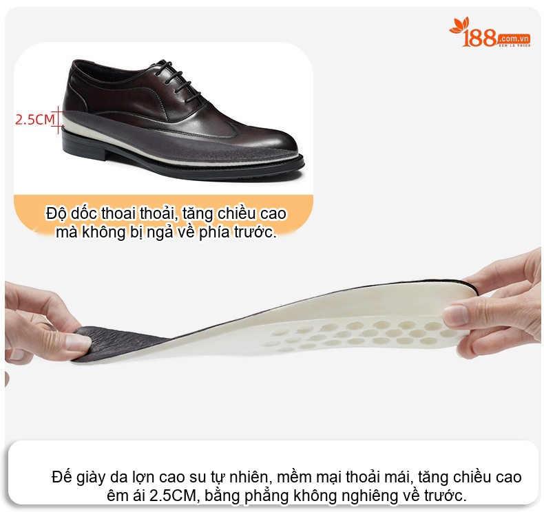 Giày Tây Buộc Dây Nam Da Bò Chiều Cao Đế 5.3cm Mũi Nhọn Màu Đen, Nâu chi tiết 2
