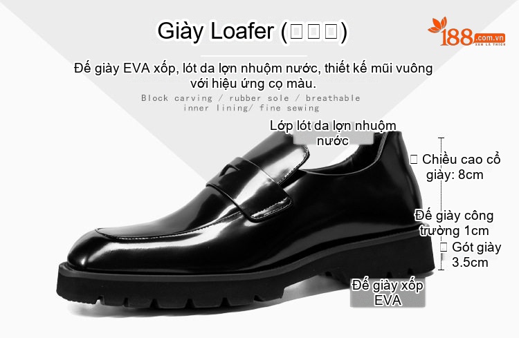 Giày Lười Nam Da Bóng Mũi Vuông Chiều Cao Đế Khoảng 3cm Màu Đen chi tiết 2