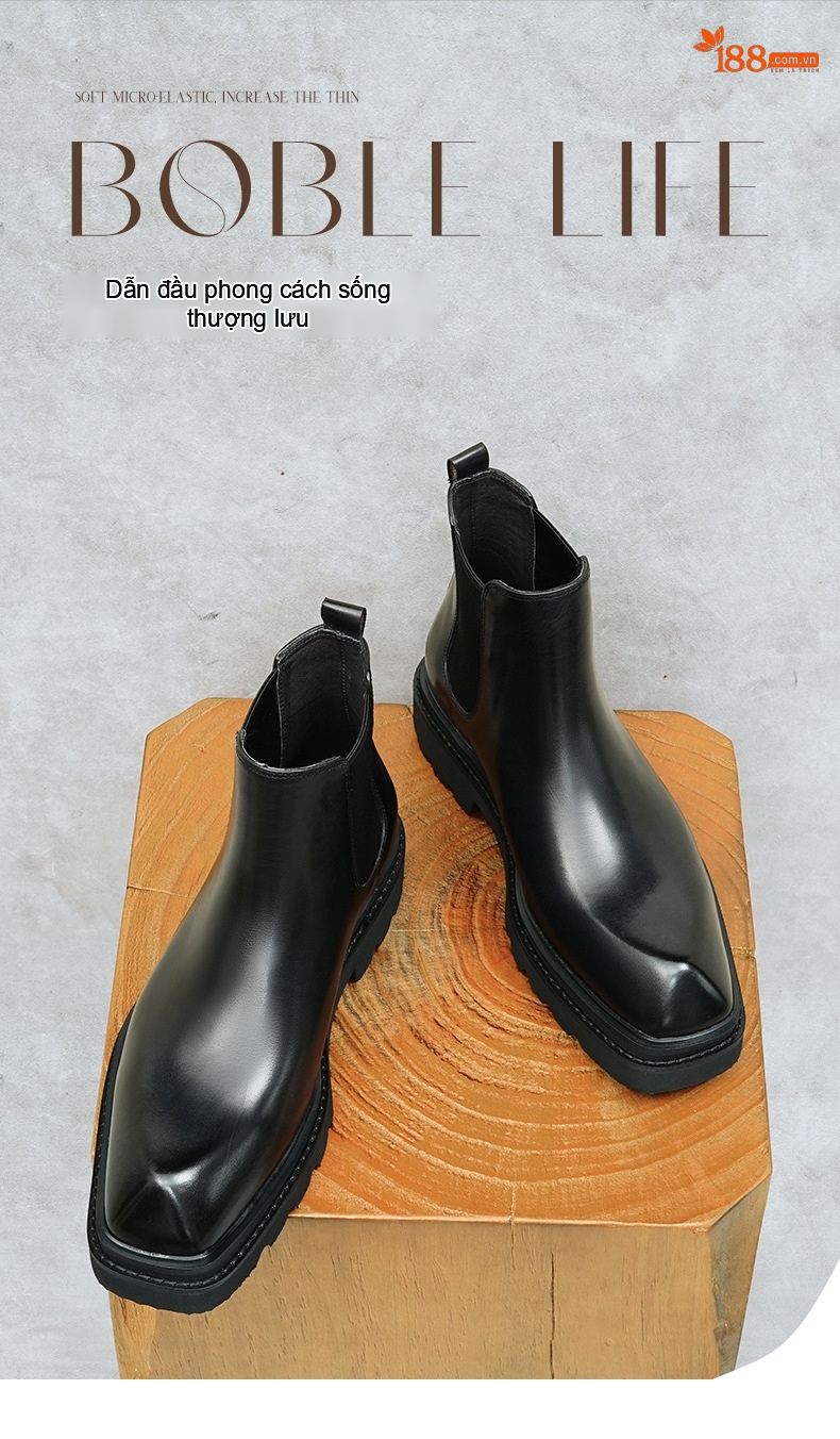 Boot Chelsea Nam Da Bò Cao Cổ Thủ Công Chiều Cao Đế Khoảng 5cm Màu Đen, Nâu Đỏ chi tiết 1