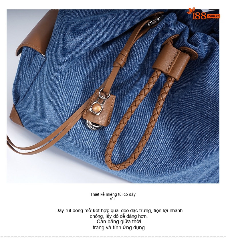 Balo Nữ Vải Canvas Kiểu Dáng Rút Dây Đeo Vai Thiết Kế Vintage Sức Chứa Lớn Màu Xanh Dương, Xanh Đậm chi tiết 14