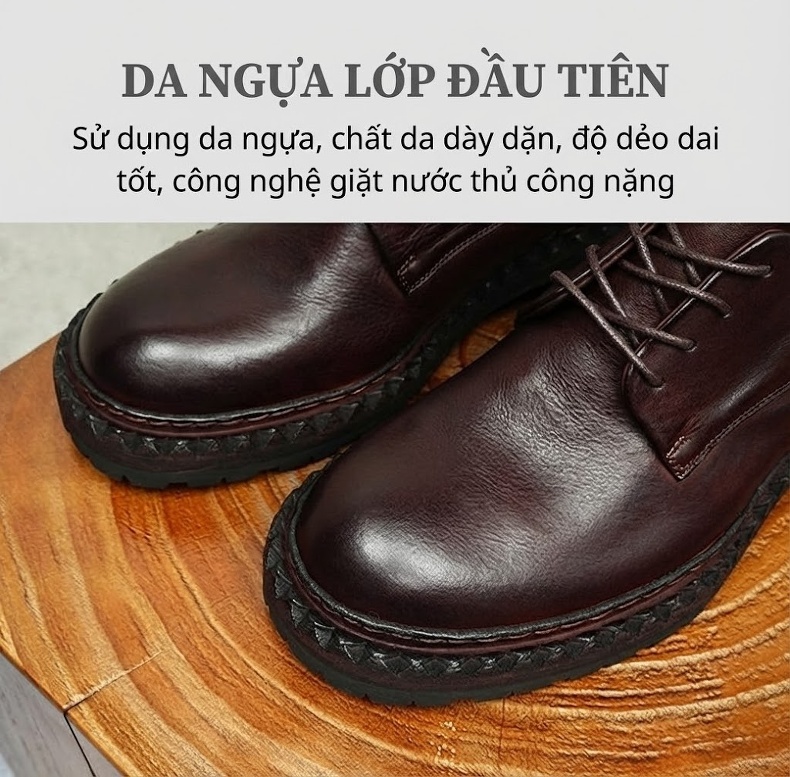 Giày Tây Buộc Dây Nam Da Thật Đế Bằng Chiều Cao Đế Khoảng 4cm Màu Đen, Nâu Đỏ chi tiết 18
