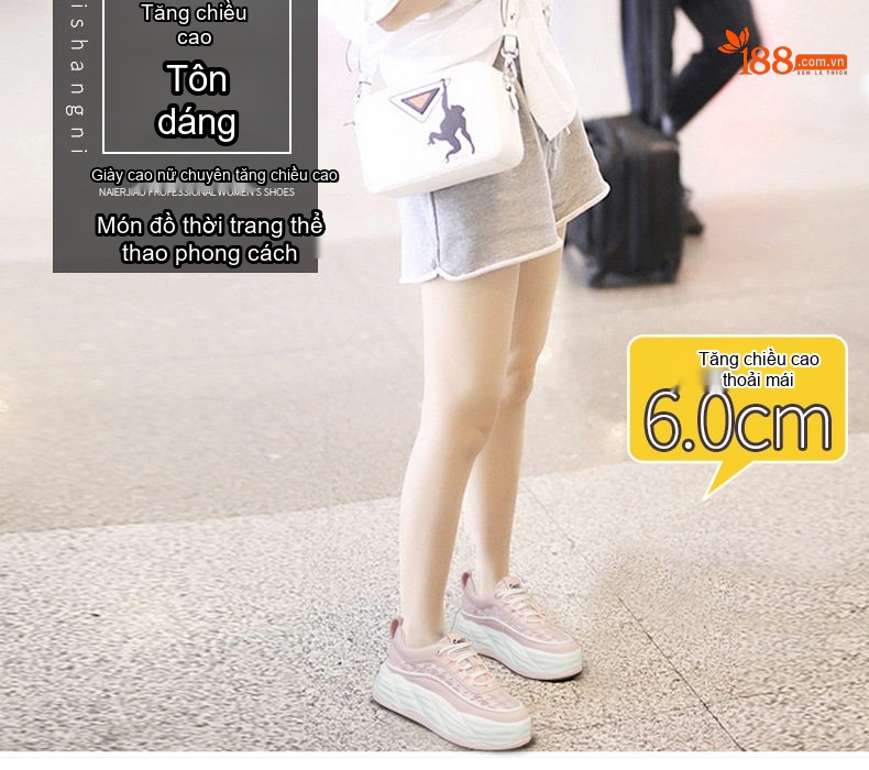 Giày Thể Thao Nữ Lưới Thoáng Khí Đế Dày Phong Cách Pháp Chiều Cao Đế Khoảng 5cm Màu Trắng, Đen, Hồng chi tiết 2