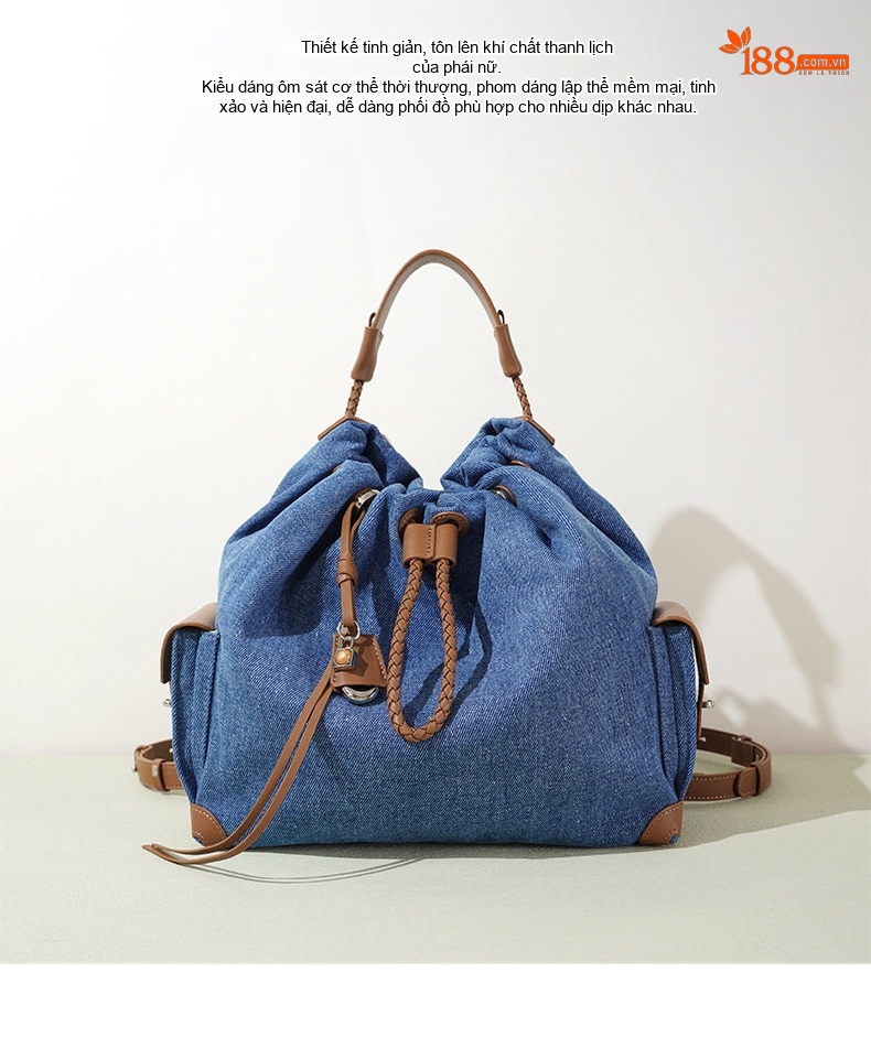 Balo Nữ Vải Canvas Kiểu Dáng Rút Dây Đeo Vai Thiết Kế Vintage Sức Chứa Lớn Màu Xanh Dương, Xanh Đậm chi tiết 1