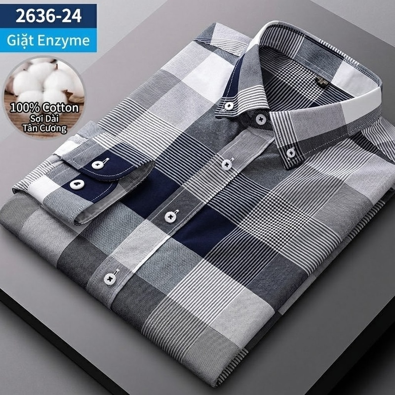 Áo Sơ Mi Nam Tay Dài Cotton Oxford Giặt Nước Kẻ Caro Mặc Đơn Giản Lót Trong Công Sở Màu Trắng, Xanh Dương, Xám, Hồng...