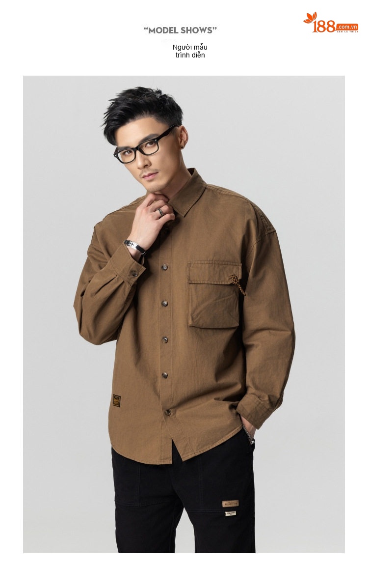 Áo Sơ Mi Nam Cotton Dáng Rộng Phong Cách Retro Màu Xanh Rêu, Nâu, Đen chi tiết 9