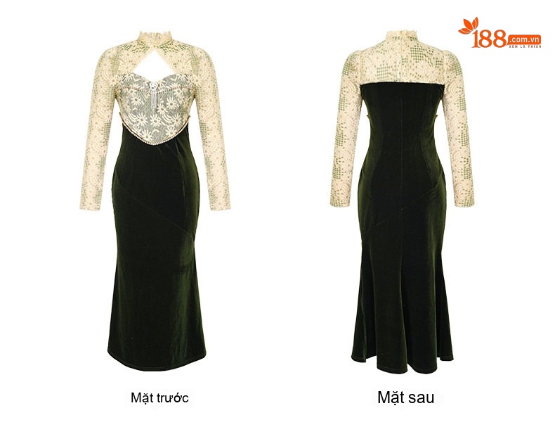 Váy Lưới Ren Cổ Tàu Cách Tân Thêu Hoa Tay Dài Chất Nhung Màu Đen, Hồng chi tiết 7