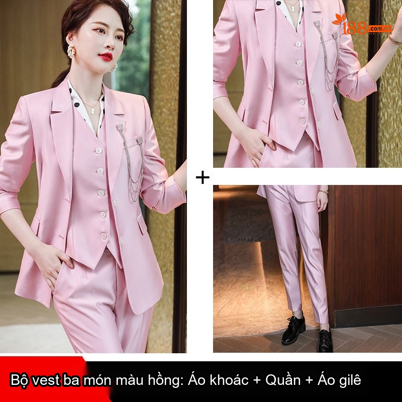 Bộ Vest Nữ Công Sở Áo Khoác Quần Dài và Áo Gile Phong Cách Hàn Quốc Màu Hồng, Xanh Navy, Trắng