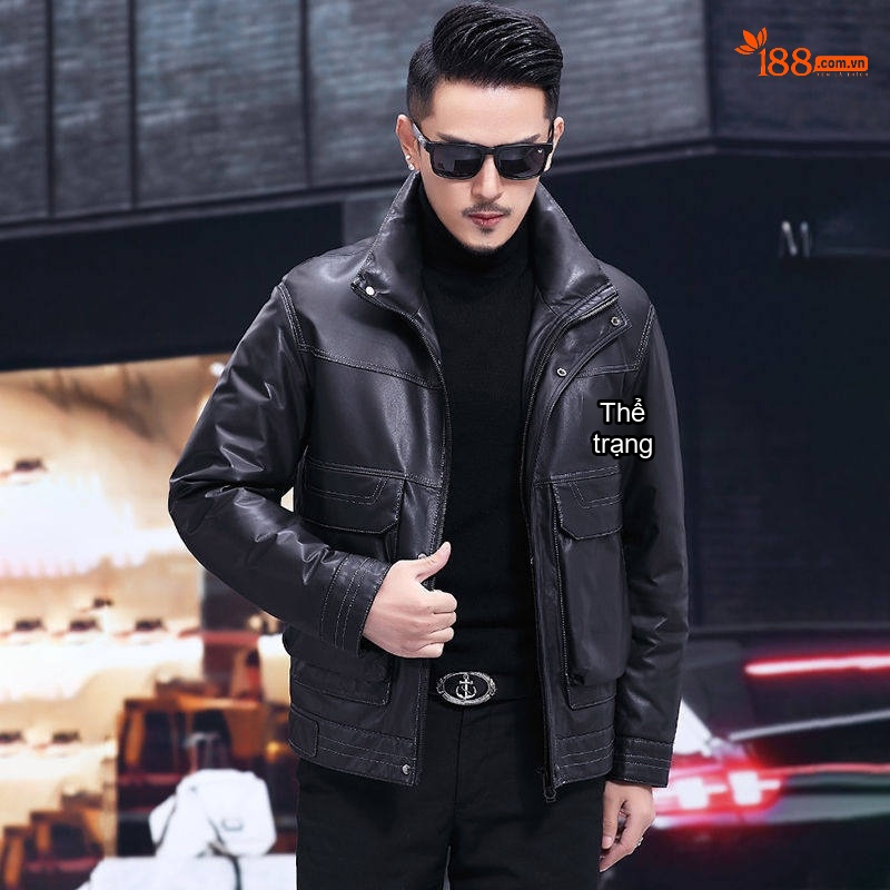 Áo Khoác Da Thật Nam Lót Lông Vũ Dày Dặn Kiểu Bomber Màu Đen