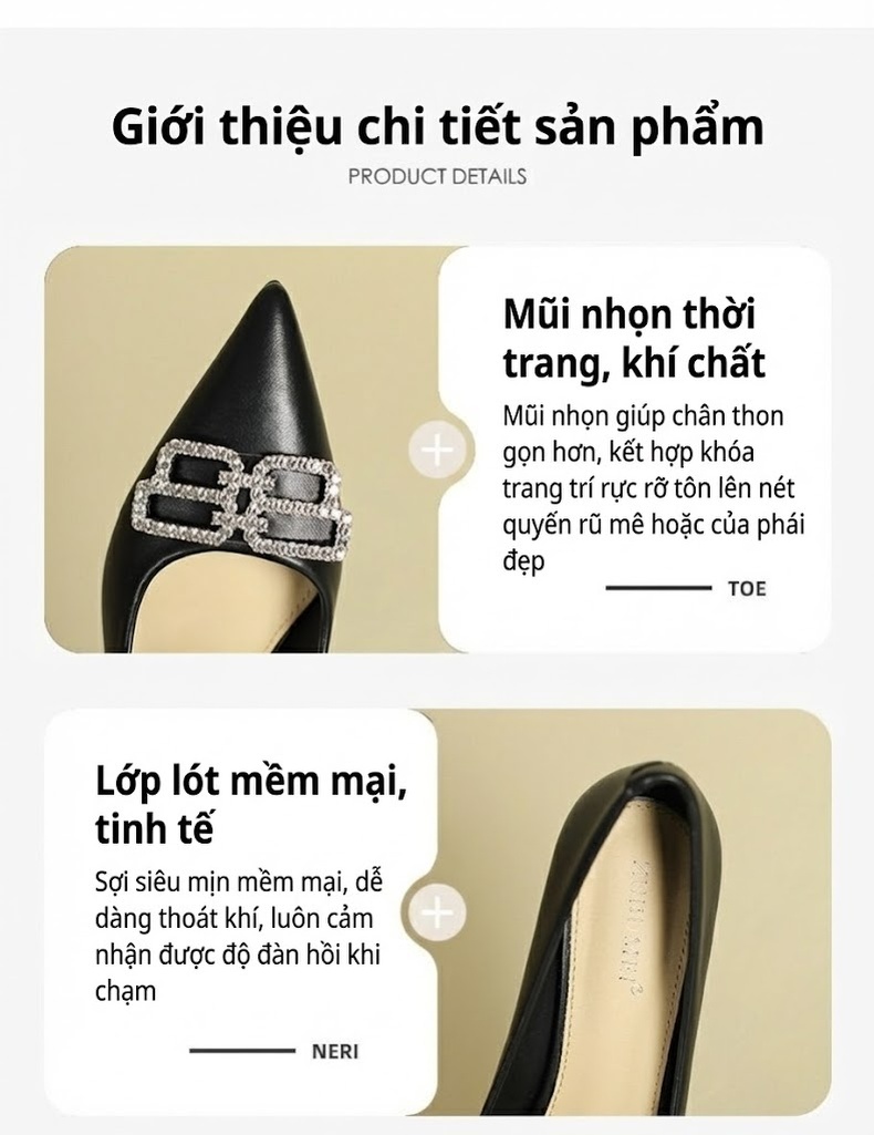 Giày Cao Gót Nữ Đế Xuồng Mũi Nhọn Đính Đá Chiều Cao Đế Khoảng 5cm Màu Đen, Trắng chi tiết 2